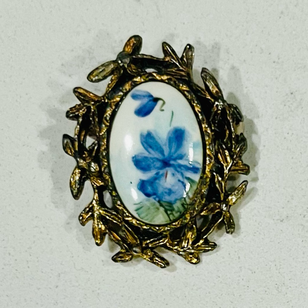 1960s Victorian Revival Porcelain Floral Brooch w/ Goldtone Frame